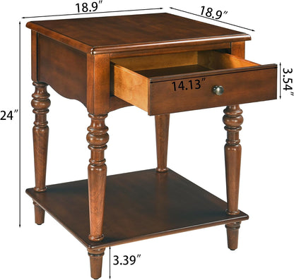 Solid Wood End Table Caramel Brown with Drawer and Storage Shelf Vintage Nightstand