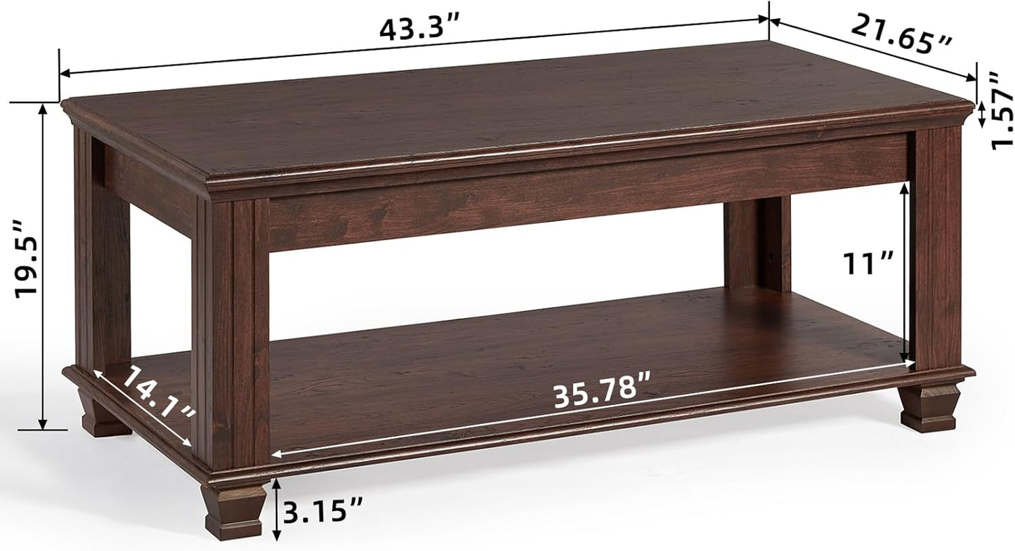 Farmhouse Walnut Coffee Table with Open Storage Shelf Rustic Wood Center Table