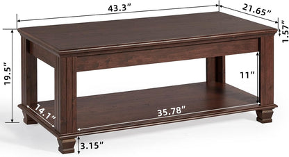 Farmhouse Walnut Coffee Table with Open Storage Shelf Rustic Wood Center Table