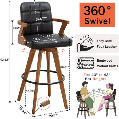 Walnut Black Swivel Counter Stool with Arms Mid Century Upholstered Bar Chair