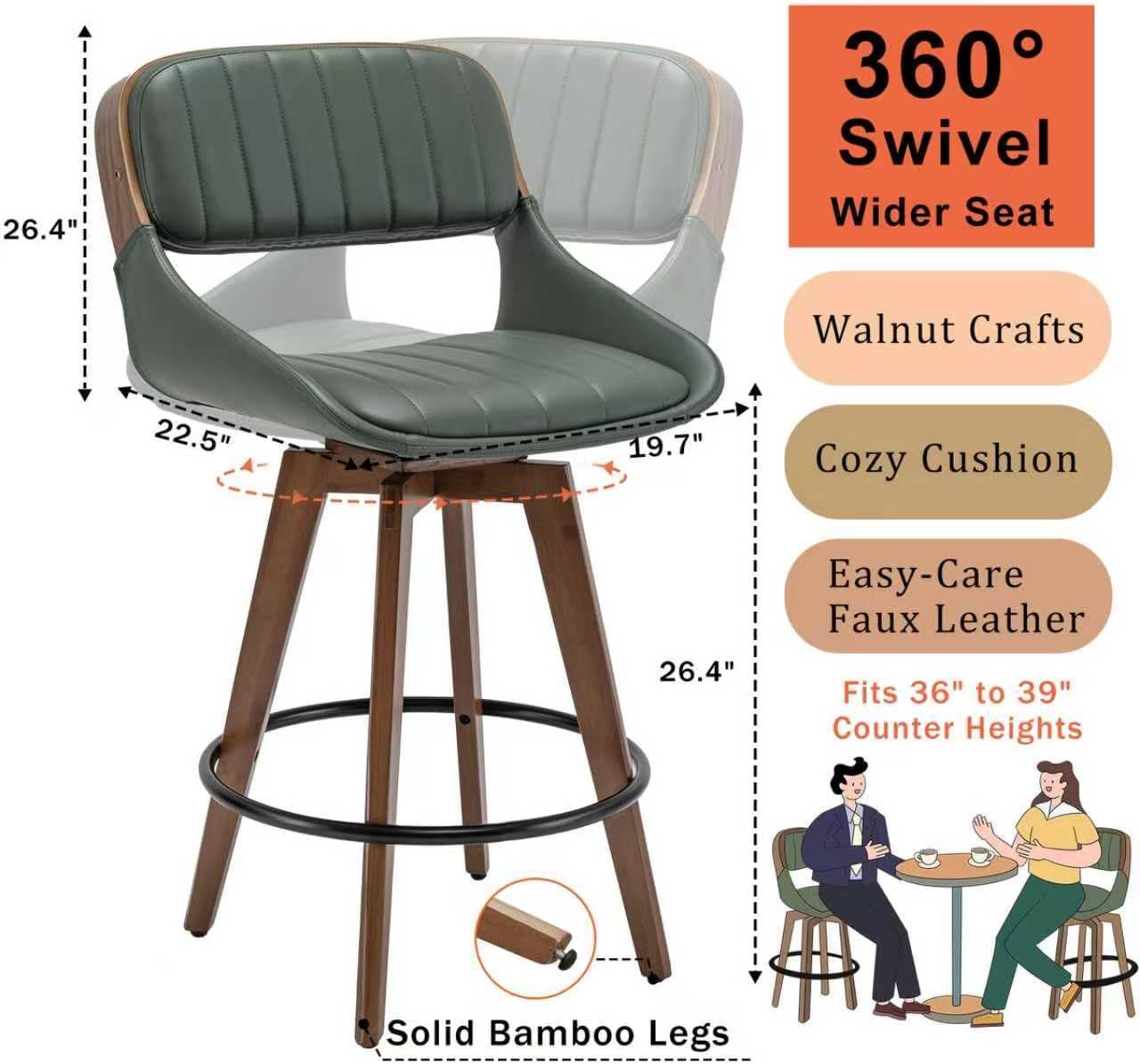 Walnut Black Swivel Bar Stools Faux Leather Mid Century Set of 2