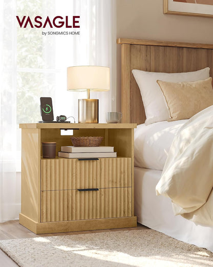 Modern Oak Beige Nightstand with Charging Station – 2-Drawer Fluted Bedside Table