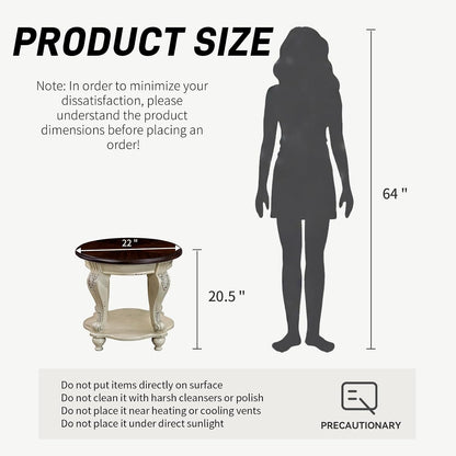Round End Table Antique Natural Victorian Carved Side Table with Storage Shelf