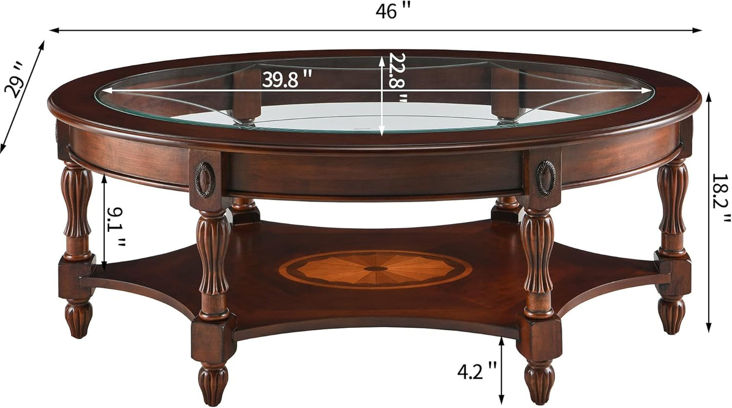 Victorian Oval Solid Wood Coffee Table with Glass Top Cherry Walnut