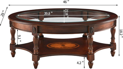 Victorian Oval Solid Wood Coffee Table with Glass Top Cherry Walnut