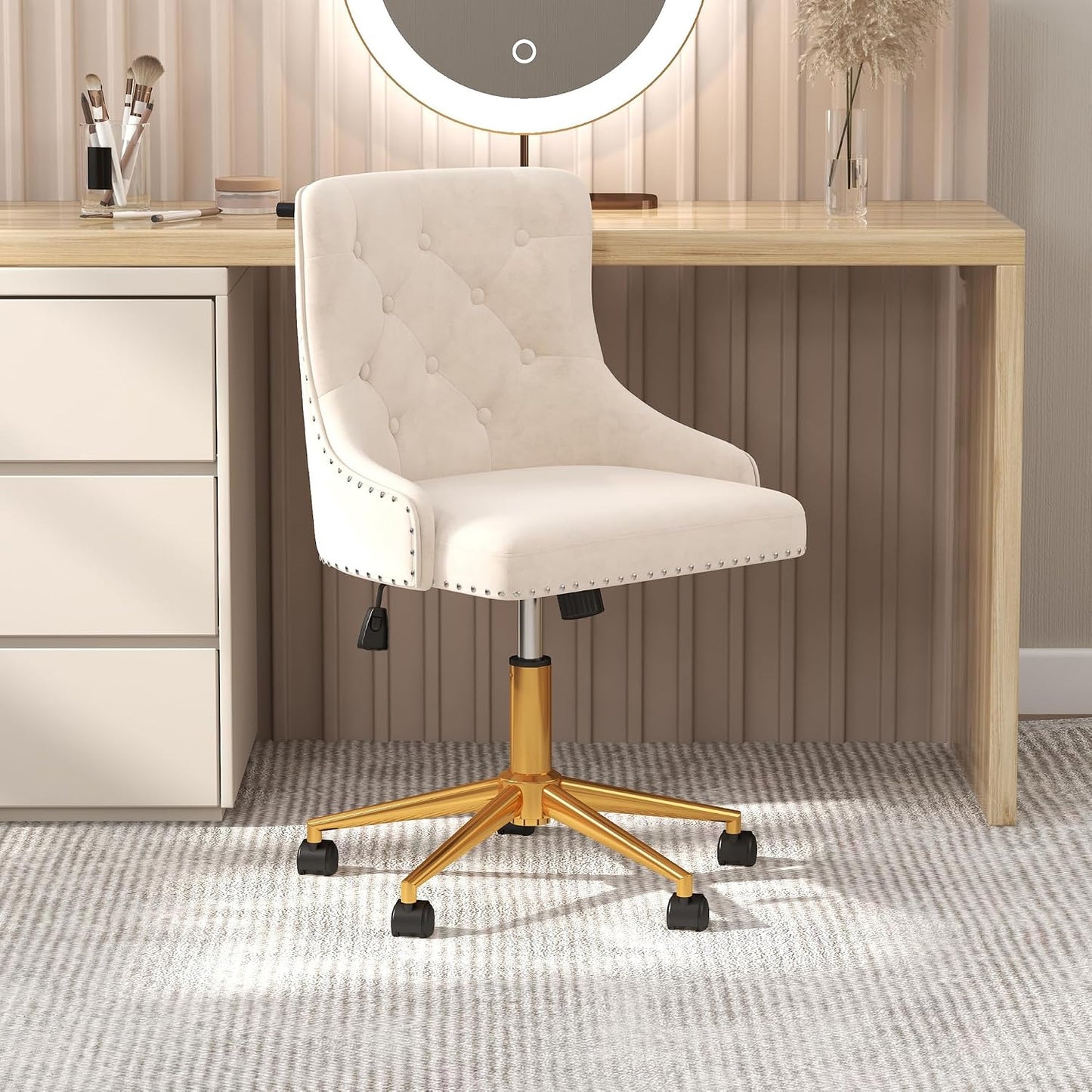 Beige Velvet Swivel Desk Chair Tufted Vanity Chair with Gold Base and Wheels