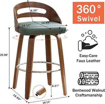 Walnut Green Swivel Counter Stool with Faux Leather Seat Mid Century Bar Chair