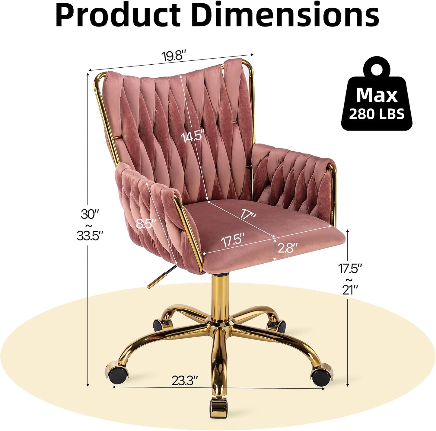 Rose Pink Velvet Vanity Chair Gold Swivel Rolling Office Chair with Wheels