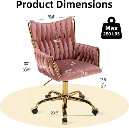 Rose Pink Velvet Vanity Chair Gold Swivel Rolling Office Chair with Wheels