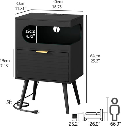 Modern Black Nightstand with Charging Station, LED Light & Storage Drawer