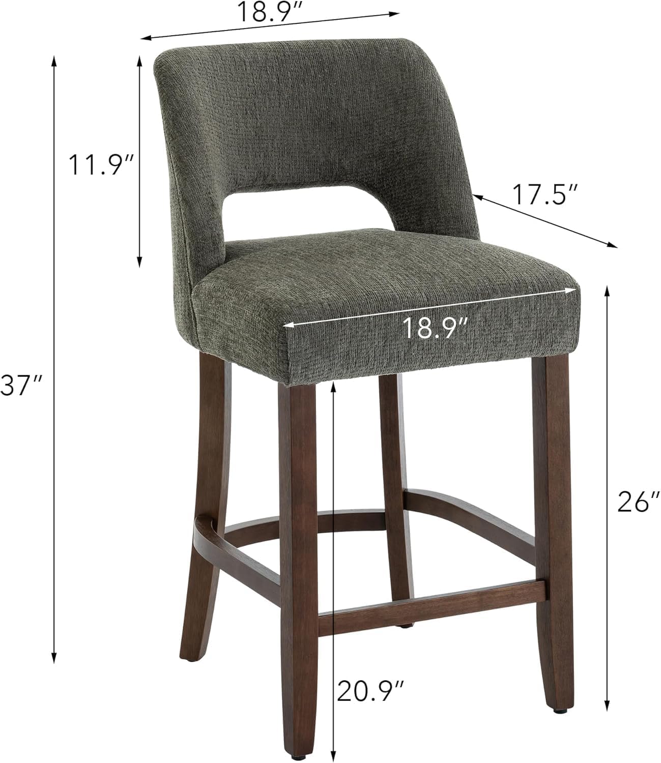 26 Inch Green Upholstered Counter Height Bar Stools Rubberwood Set of 2