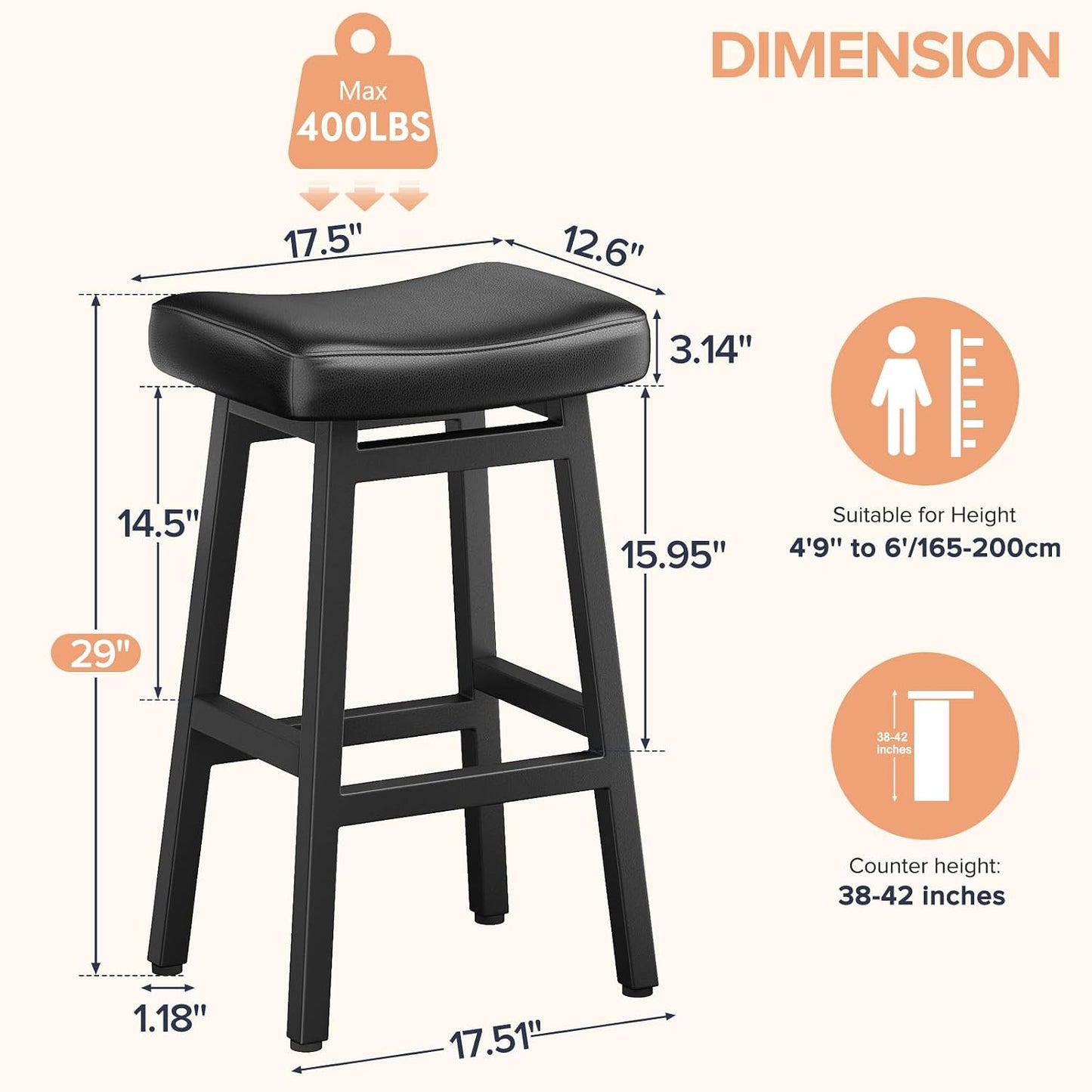 29 Inch Black Bar Height Stools Set of 2 Bonded Leather Saddle Seats