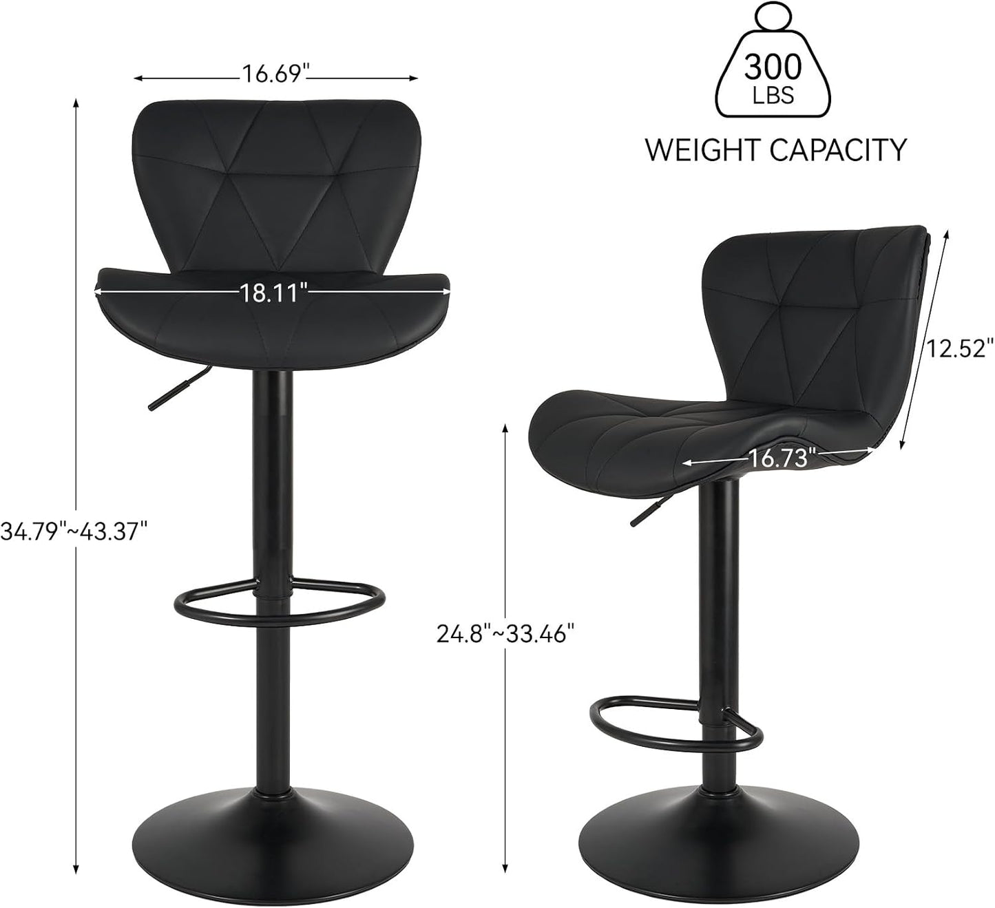 Black Swivel Bar Stools Set of 2 Adjustable Faux Leather Kitchen Chairs