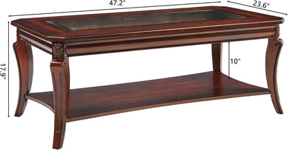Solid Wood Glass Top Coffee Table Cherry Brown with Storage Shelf Classic Farmhouse Table