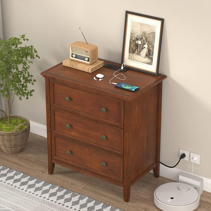 Solid Wood 3-Drawer Nightstand with Charging Station – White Farmhouse Bedside Table