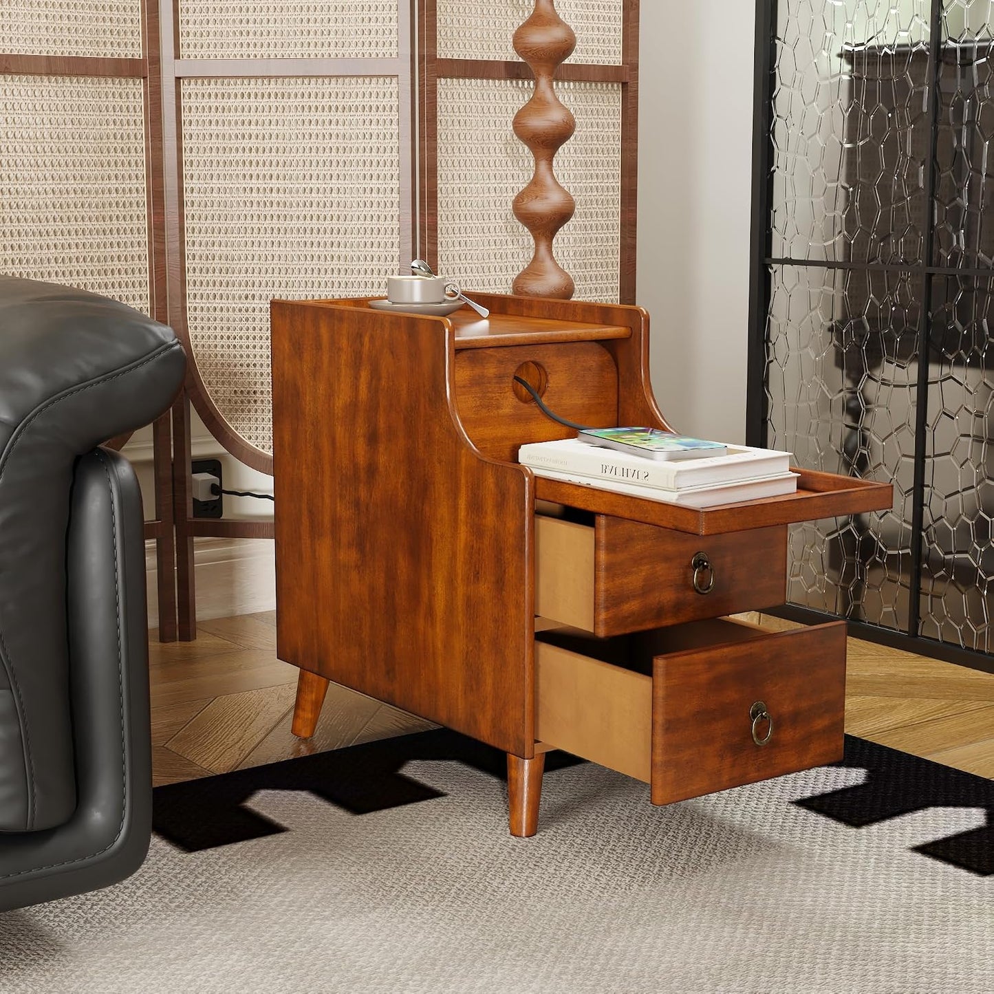Solid Wood Narrow End Table with 2 Drawers Pull Out Tray
