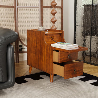 Solid Wood Narrow End Table with 2 Drawers Pull Out Tray