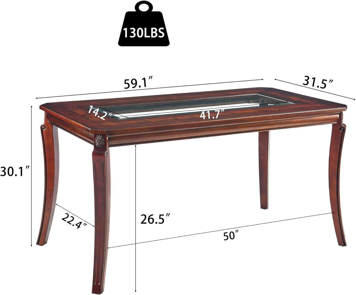 Cherry Wood Dining Table with Glass Top Traditional Vintage Table for 6