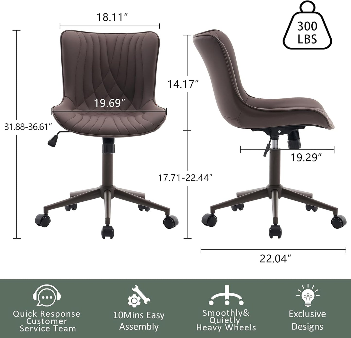 Brown Faux Leather Office Chair Adjustable Swivel Rolling Armless Desk Chair