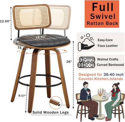 Walnut Rattan Counter Stool with Cane Back Grey Fabric Seat 26 Inch
