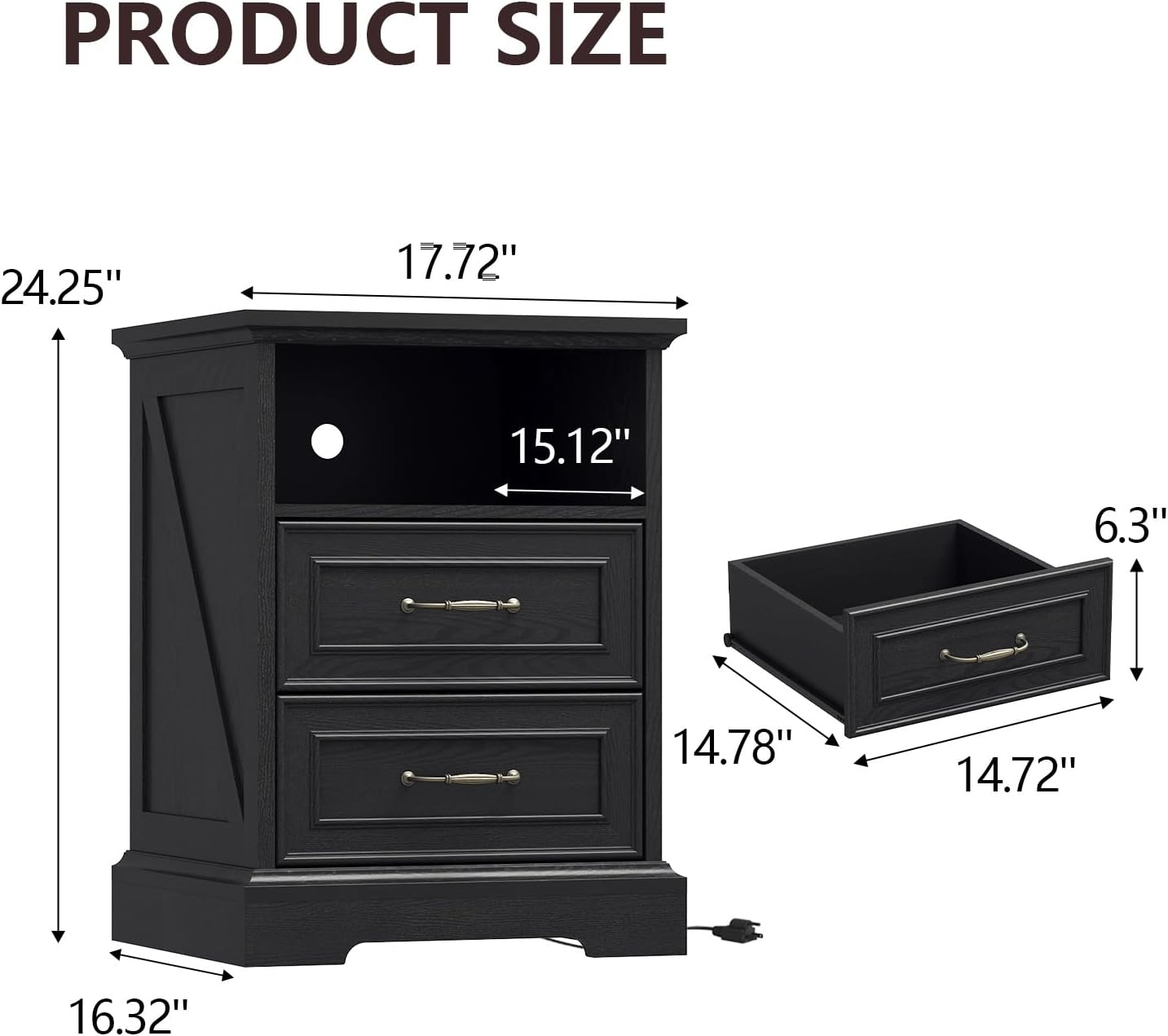 Farmhouse Nightstand with Charging Station 2 Drawers Off White Bedside Table