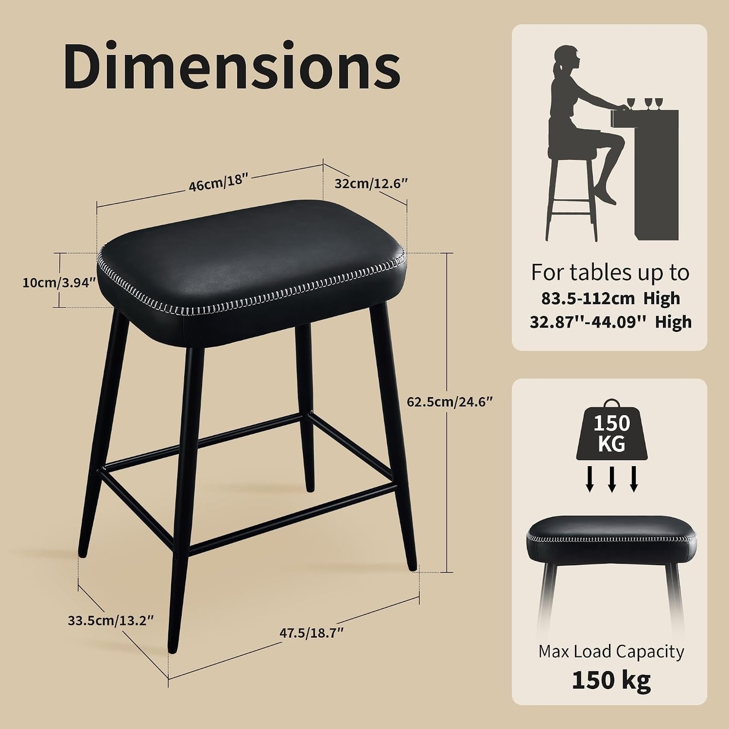 Black Counter Height Bar Stools Set of 2 Upholstered Saddle Seats