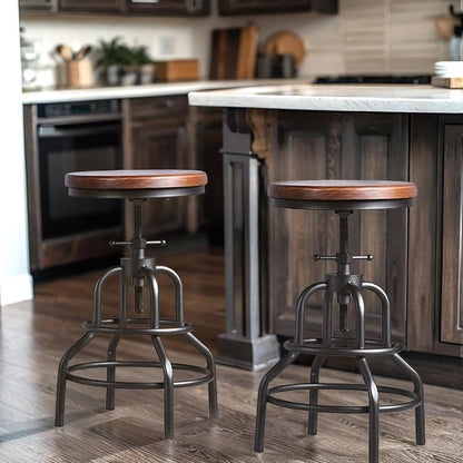 Industrial Swivel Bar Stools Set of 2 Adjustable Wood Counter Height Stools