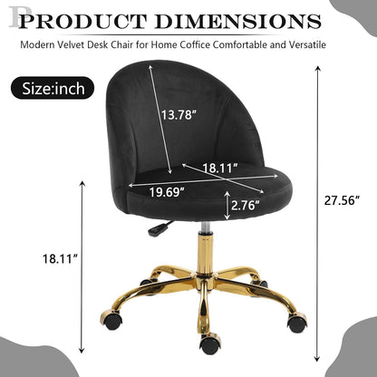 Black Velvet Vanity Chair Gold Base Adjustable Swivel Rolling Desk Chair