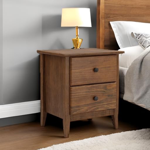 Solid Pine Wood 2-Drawer Nightstand – Brushed Walnut Bedside Table