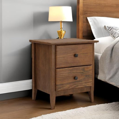 Solid Pine Wood 2-Drawer Nightstand – Brushed Walnut Bedside Table