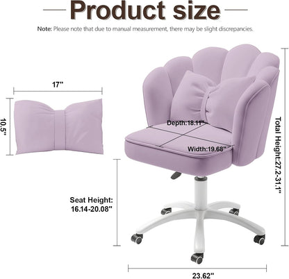 Purple Velvet Petal Vanity Chair Swivel Rolling Desk Chair with Bow Cushion