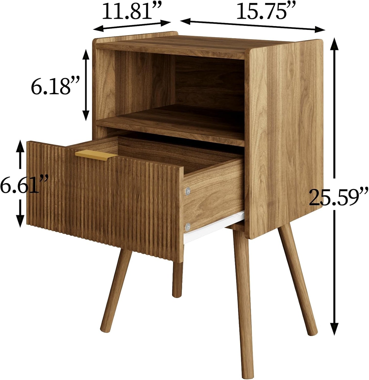 Modern Walnut Brown Fluted Nightstand with Drawer & Open Shelf