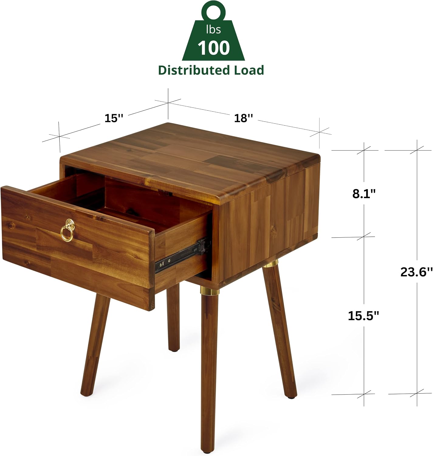 Solid Acacia Wood Nightstand with Drawer – Caramel Mid-Century Side Table
