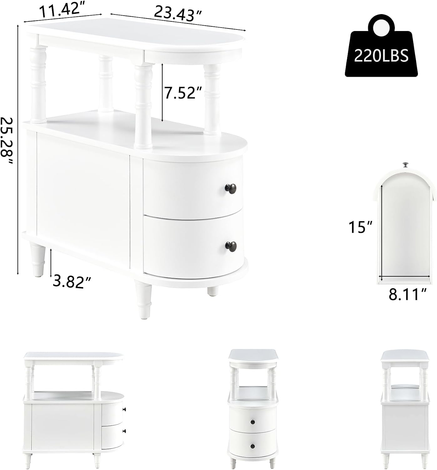 Solid Wood Narrow End Table with Drawers White Slim Bedside Nightstand