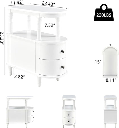 Solid Wood Narrow End Table with Drawers White Slim Bedside Nightstand