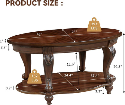 Oval Coffee Table with Storage Victorian Carved Wood 2 Tier Living Room Table
