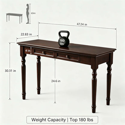 French Country Solid Wood Writing Desk with 2 Drawers Beige Farmhouse Table