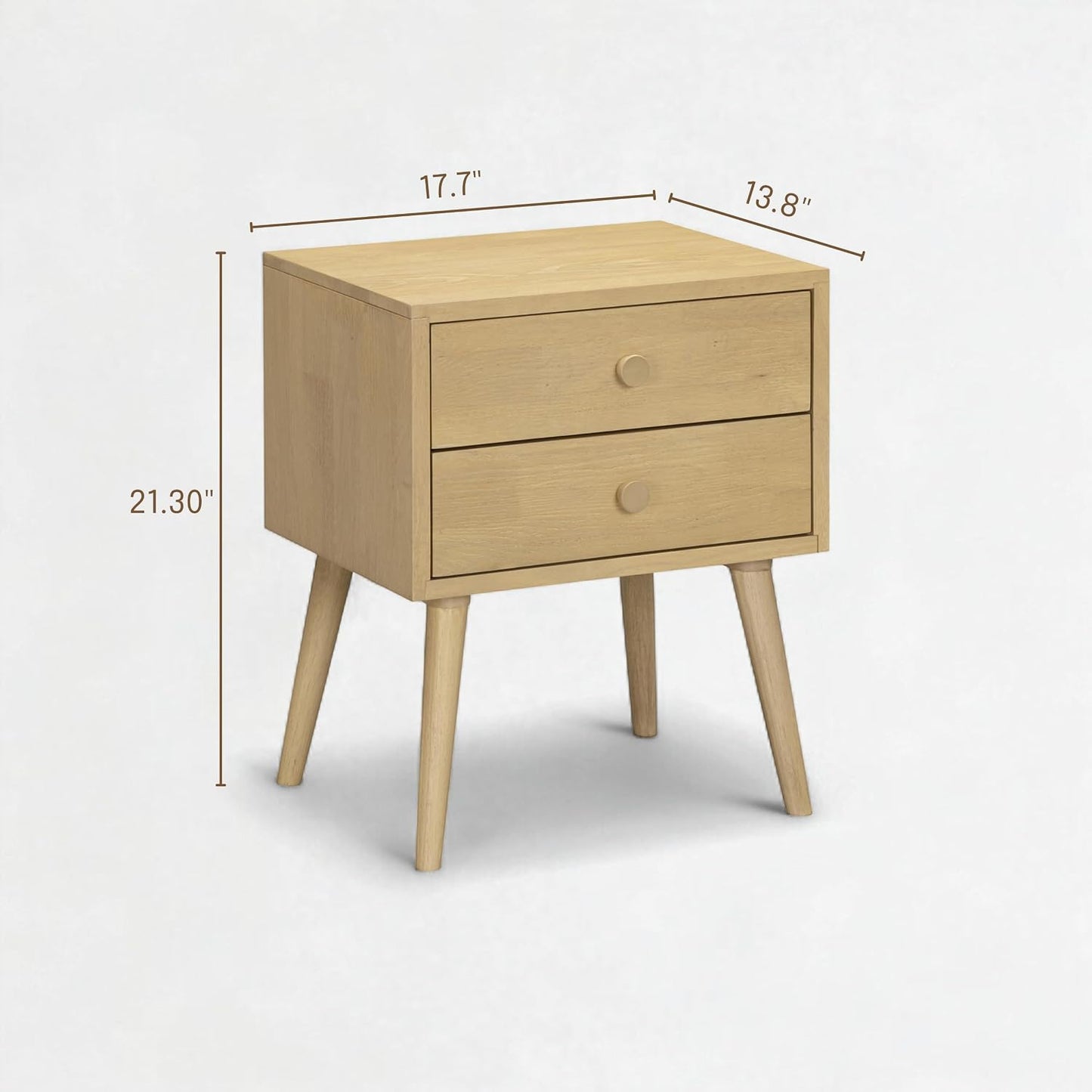 Solid Rubberwood 2-Drawer Nightstand – Sand Mid-Century Bedside Table