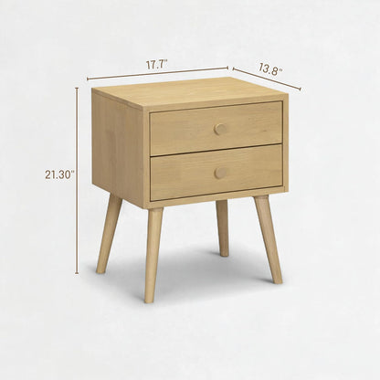 Solid Rubberwood 2-Drawer Nightstand – Sand Mid-Century Bedside Table
