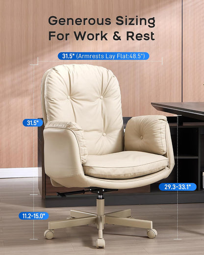 Beige Executive Office Chair Wide Seat Reclining High Back Rolling Desk Chair