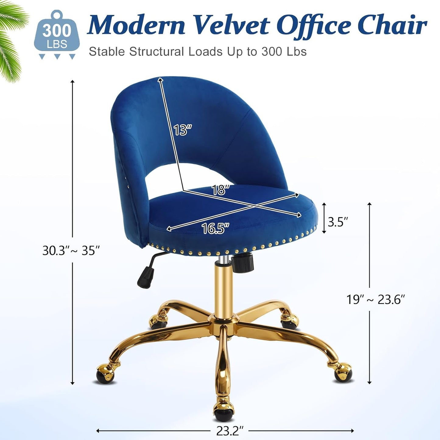 Navy Blue Velvet Office Chair Gold Swivel Rolling Vanity Desk Chair