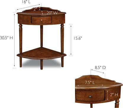 Solid Wood Corner End Table with Drawer Pecan Wedge Accent Table