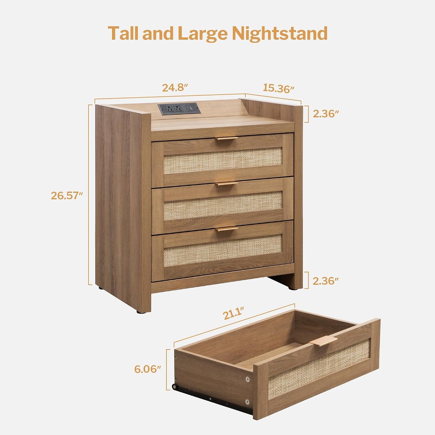 Rattan Nightstand with 3 Drawers Charging Station Farmhouse Bedside Table