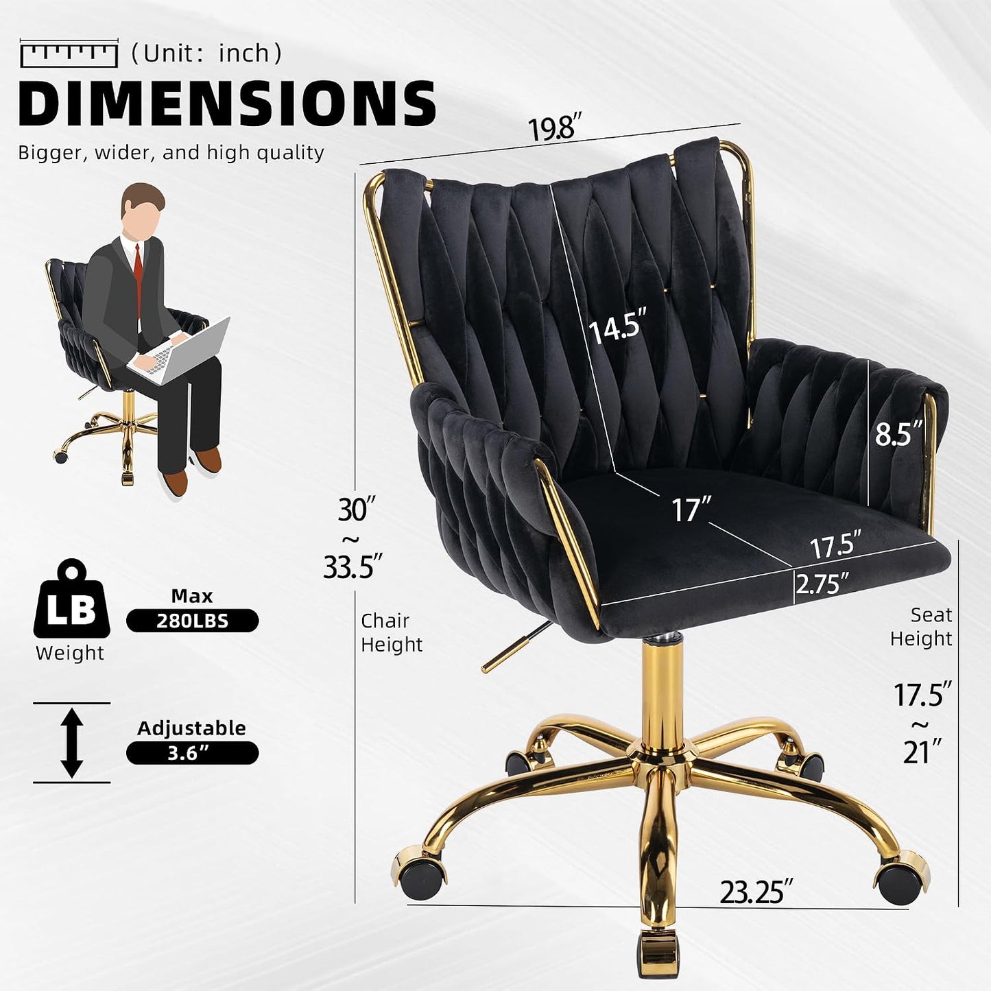 Black Velvet Swivel Desk Chair Hand Woven High Back Gold Base Adjustable Height