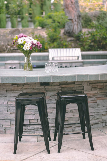 Black Metal Bar Stools Set of 2 Stackable Industrial Counter Height Seats