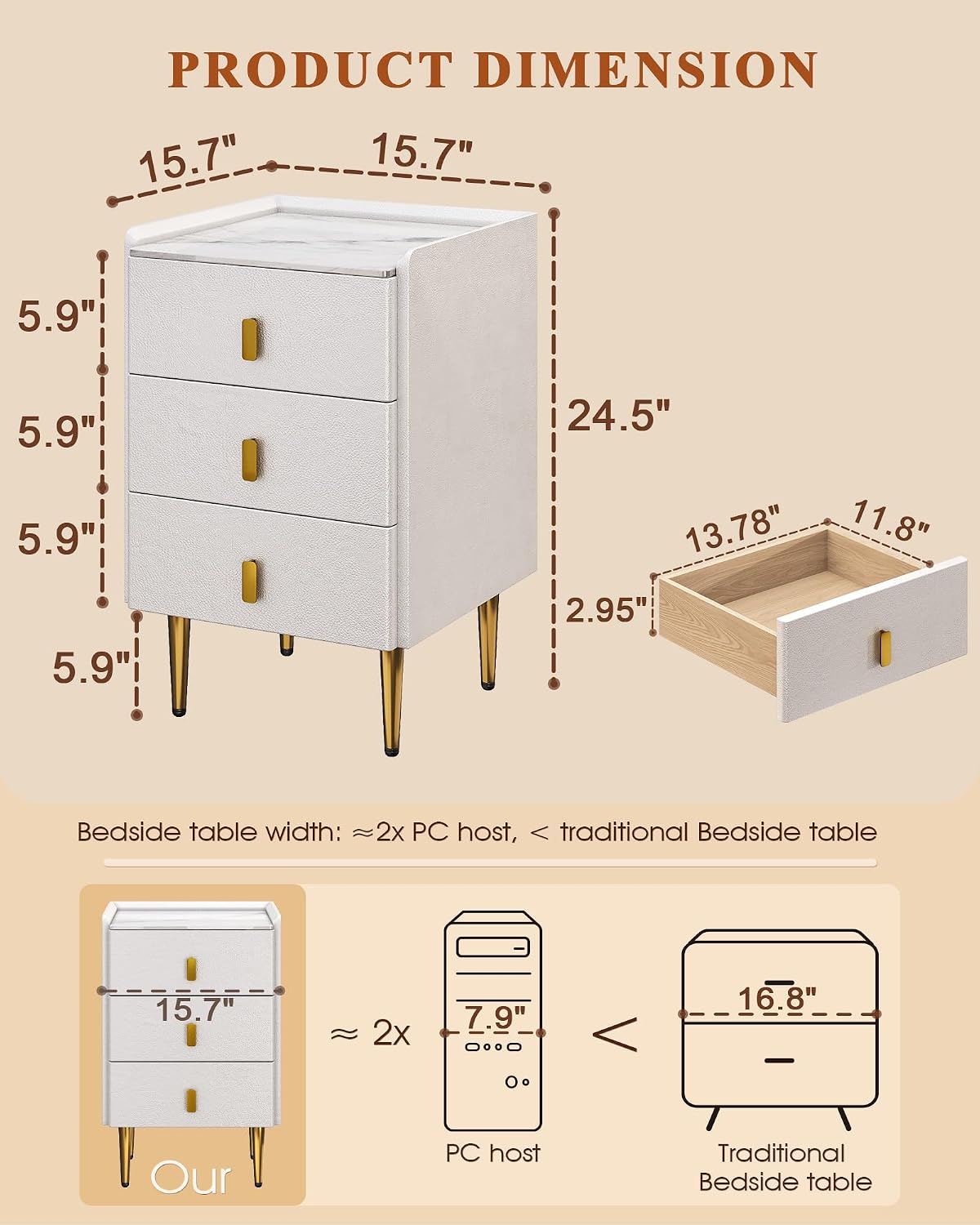 White Narrow Nightstand with 3 Drawers Sintered Stone Top Bedside Table