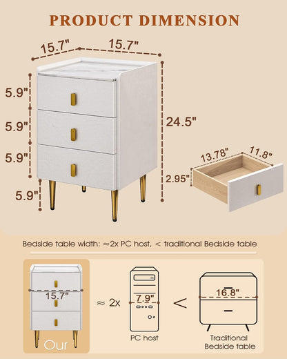 White Narrow Nightstand with 3 Drawers Sintered Stone Top Bedside Table