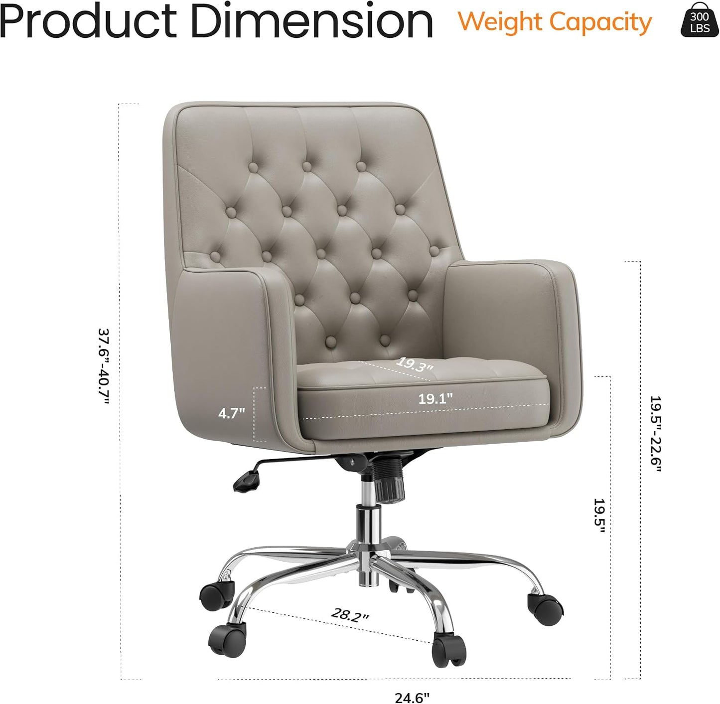 Khaki Leather Office Chair Tufted Adjustable Swivel Desk Chair with Arms