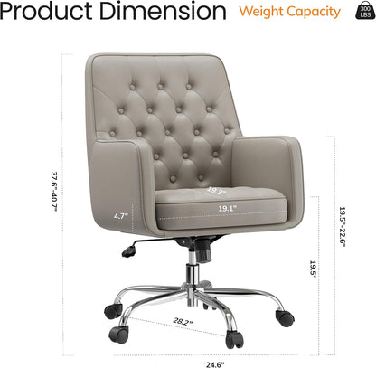 Khaki Leather Office Chair Tufted Adjustable Swivel Desk Chair with Arms