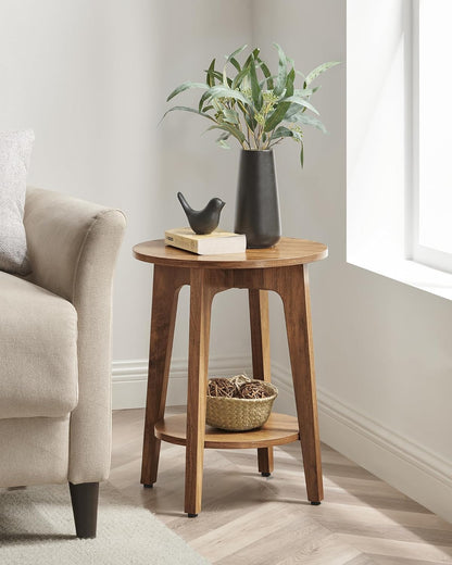Round Wood Side Table with Lower Shelf Mid Century End Table